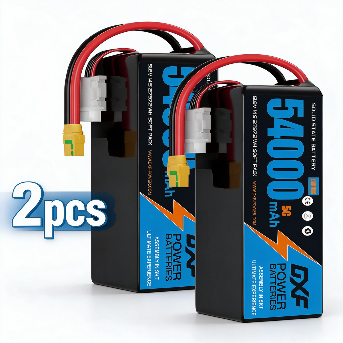 DXF SEMI-SOLID 14S 51.8V 54000mAh 5C Soft Case LiPo Battery with 8AWG Wire for Toy Cars, Boats, UAVs & Drones (1-6 Pack)