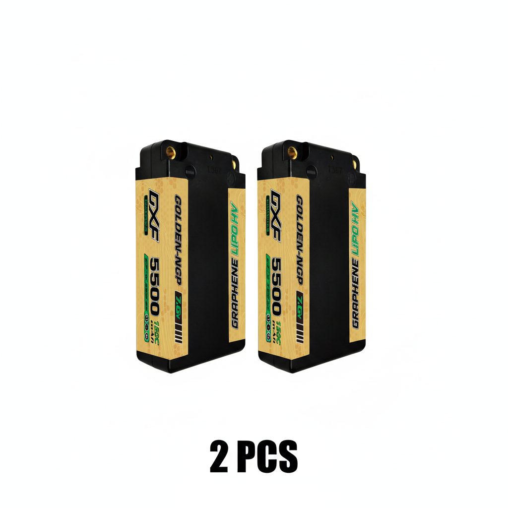 DXF 2S Shorty 7.6V 5500mAh 150C NGP PLUS Graphene Hardcase LiPo Battery with 5mm Bullet to Deans Plug for 1/10 RC Buggies, Touring Cars & Trucks (1-6 Pack Available)