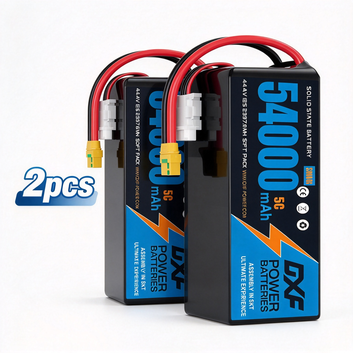 DXF SEMI-SOLID 12S 44.4V 54000mAh 5C Soft Case LiPo Battery with 8AWG Wire for Toy Cars, Boats, UAVs & Drones (1-6 Pack)