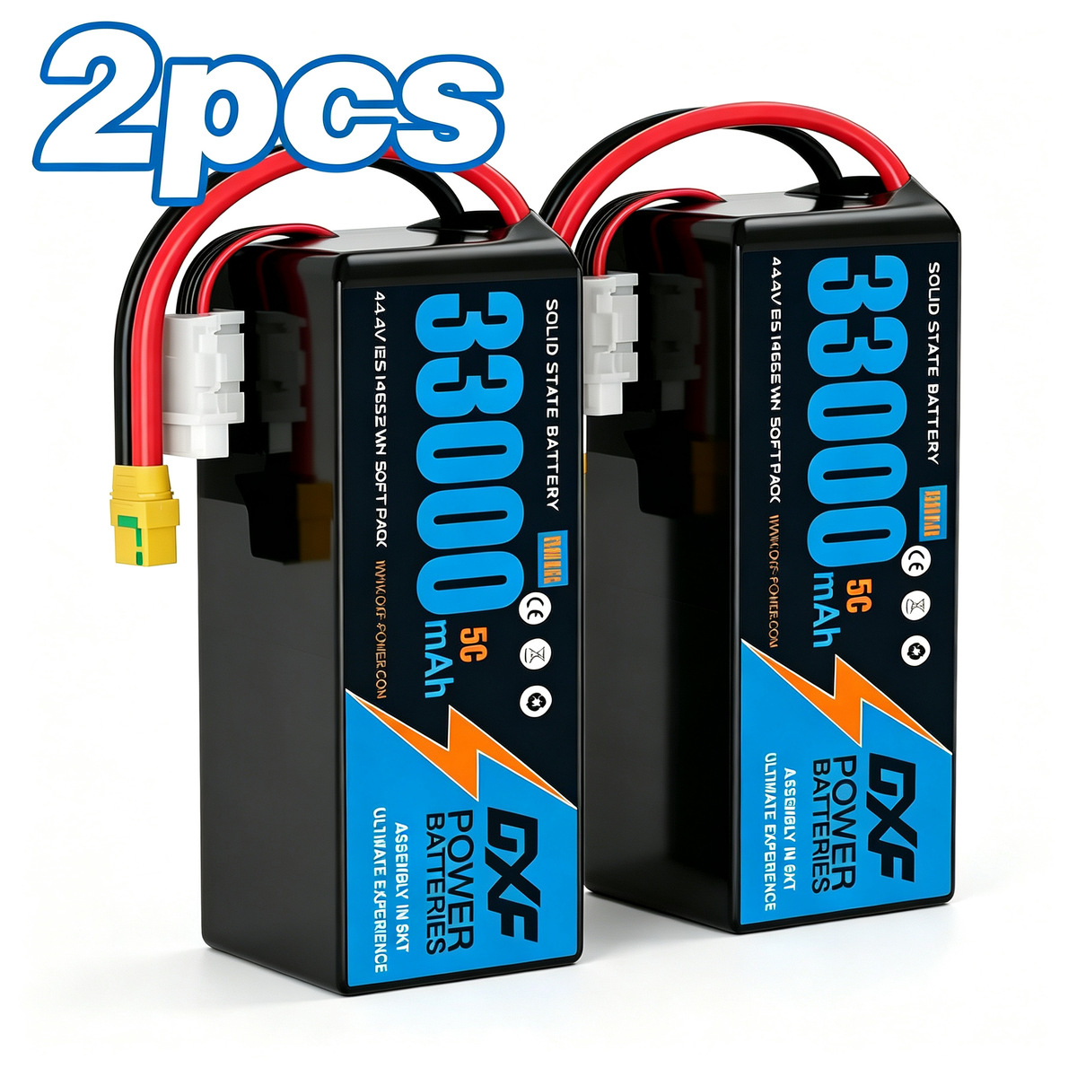 DXF SEMI-SOLID 12S 44.4V 33000mAh 5C Soft Case LiPo Battery with 8AWG Wire for Toy Cars, Boats, UAVs & Drones (1-6 Pack)