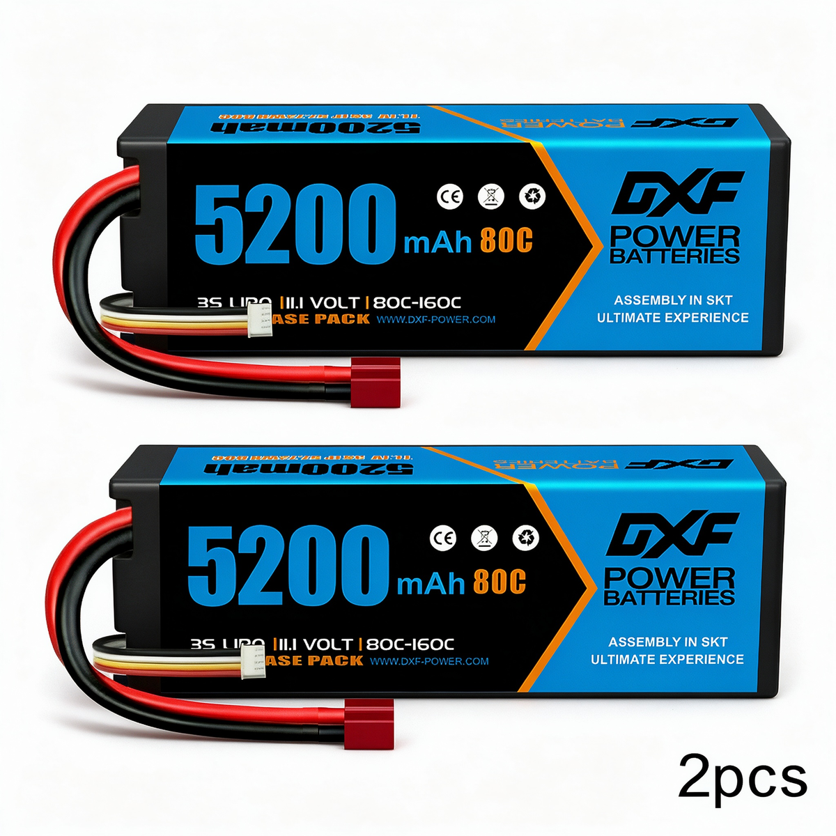 DXF BLUE Series 3S 11.1V 5200mAh 80C Hardcase LiPo with Deans/T-Plug & 10AWG Wire for Toy Cars, Boats, Aircraft & FPV Drones (1-6 Pack)