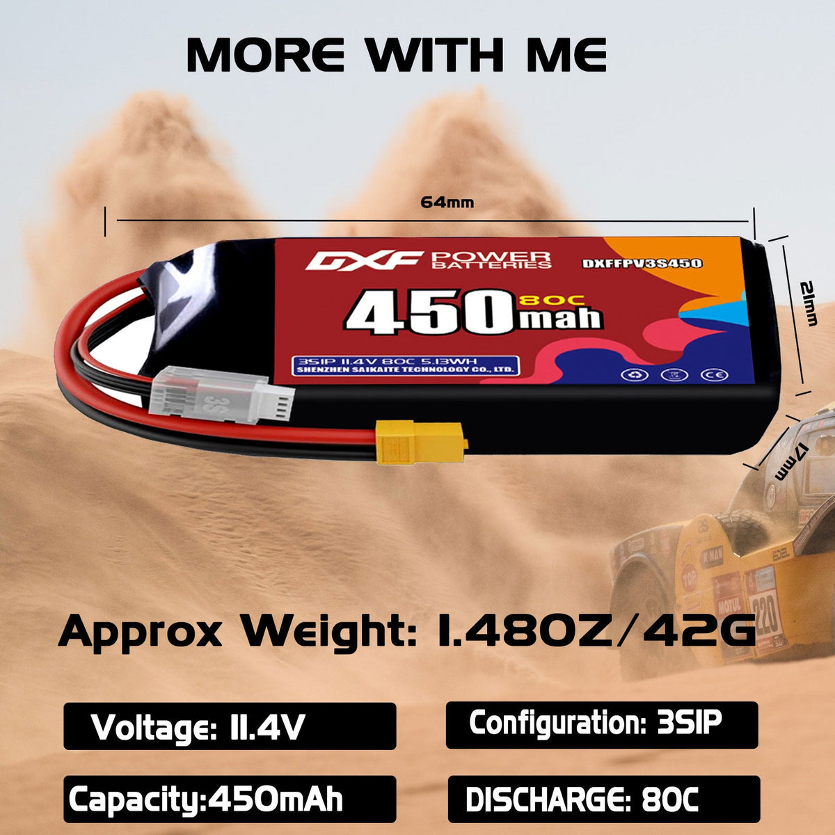 DXF LiPo Battery 3S HV 11.4V 450mAh 80C with PH2.0 / JST / XT30 / SM / XT60 / EC5 / XT90 for FPV Drone Whoop Micro Racing