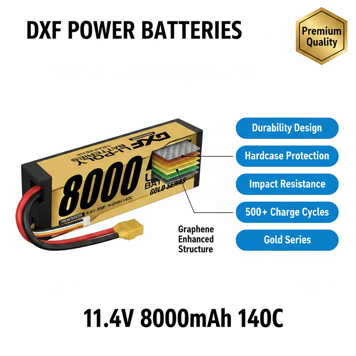 DXF LiPo Battery 3S HV 11.4V 8000mAh 140C Graphene Hardcase Gold with EC5 / T / TRX / XT60 / XT90 / XT150 / Q8s Plug for RC 1/8 1/10 Buggy Truck Car Off-Road Drone