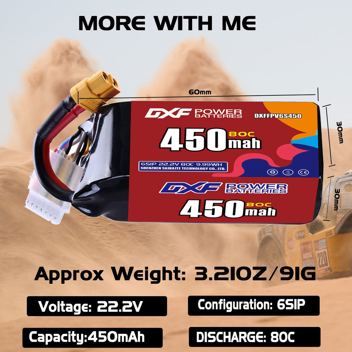 DXF LiPo Battery 6S 22.2V 450mAh 80C  PH2.0 / JST / XT30 / SM / XT60 / EC5 / XT90 for FPV Drone Whoop Micro Racing