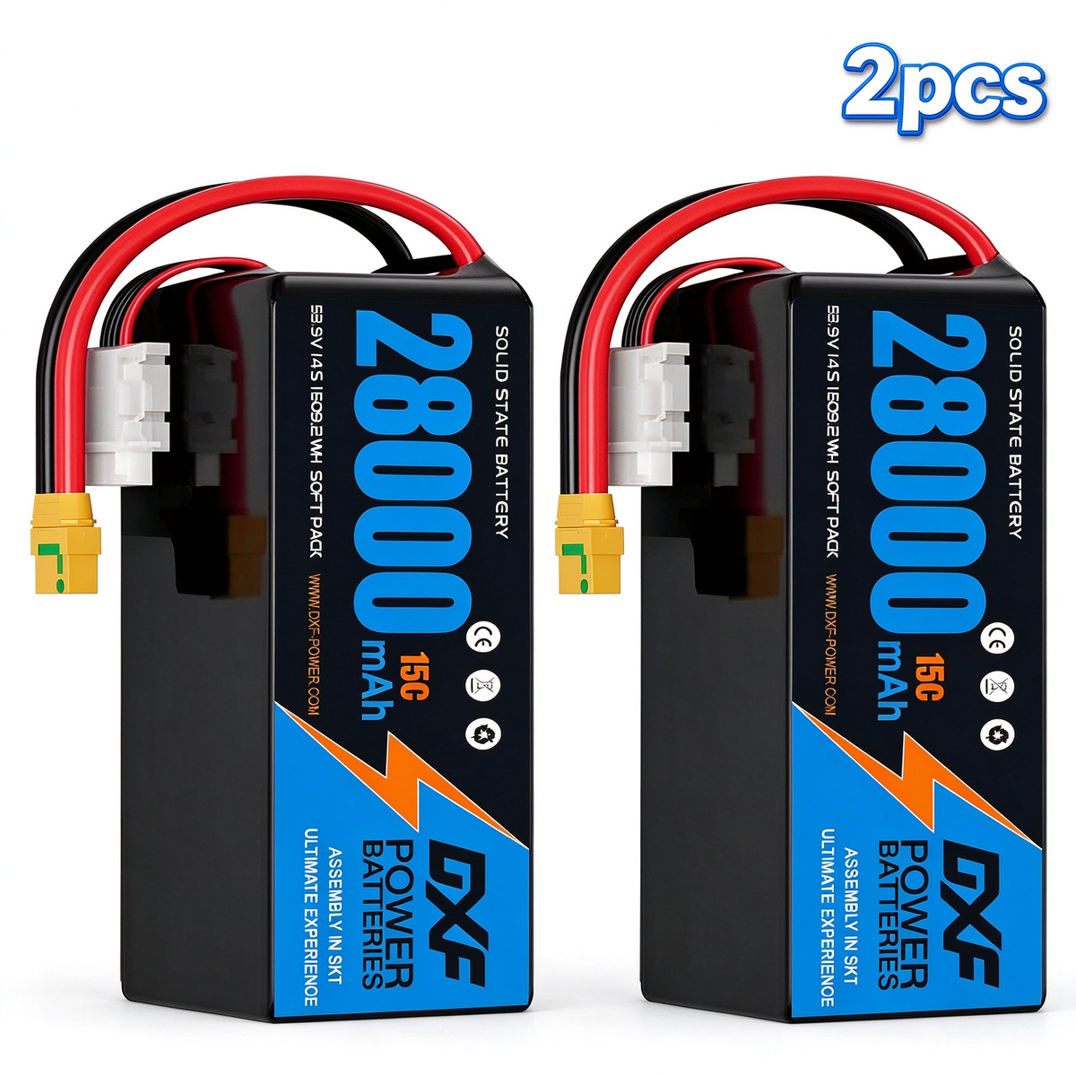 DXF SEMI-SOLID 14S 53.9V 28000mAh 15C Soft Case LiPo Battery with 8AWG Wire for Toy Cars, Boats, UAVs & Drones (1-6 Pack)