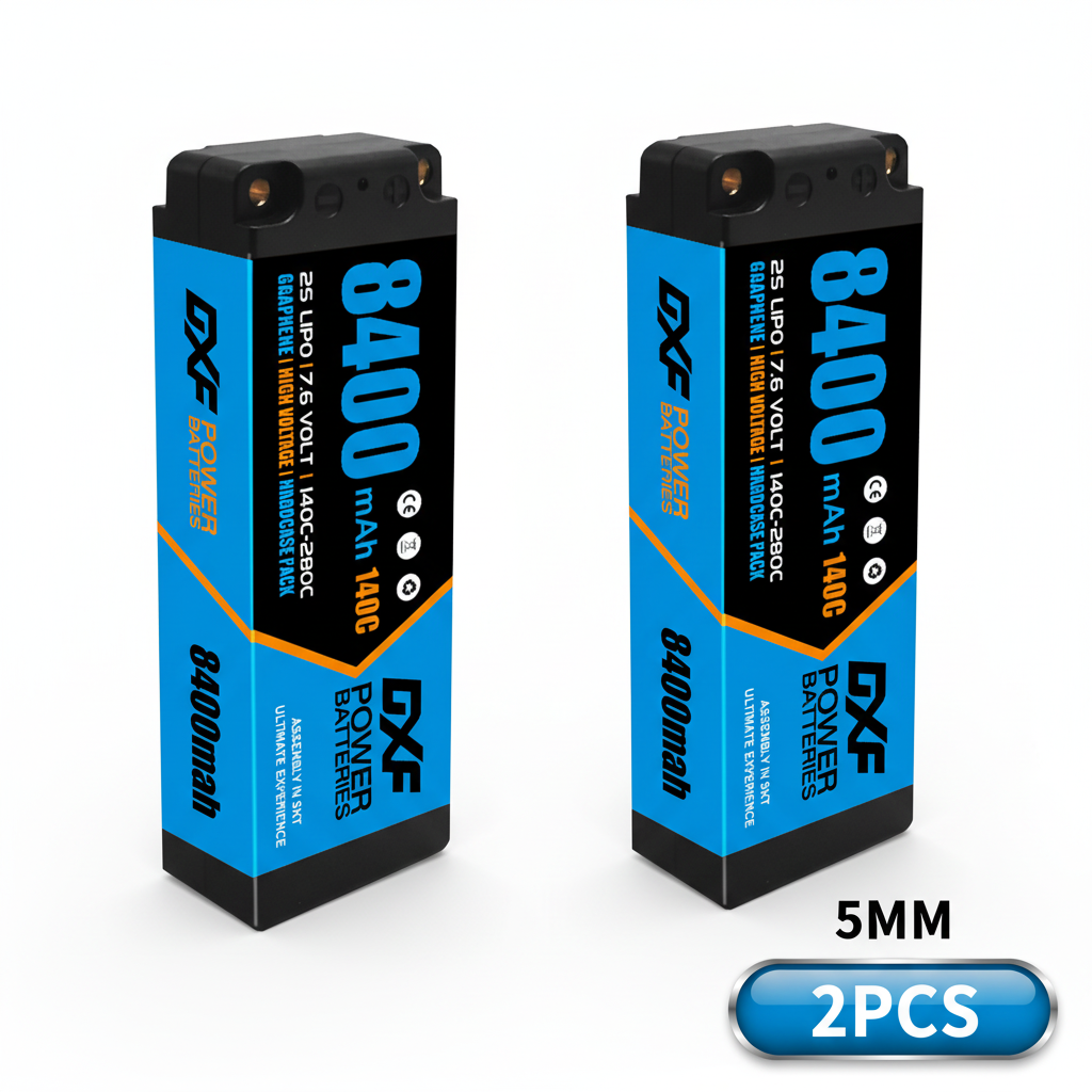 DXF BLUE 2S HV 7.6V 8400mAh 140C Graphene Slim Hardcase LiPo with 5mm to Deans/T-Plug & 10AWG Wire (1-6 Pack)
