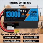 DXF 6S 22.2V 13000mAh 10C Soft Case LiPo Battery with 8AWG Wire for UAVs & Drones (1-6 Pack)