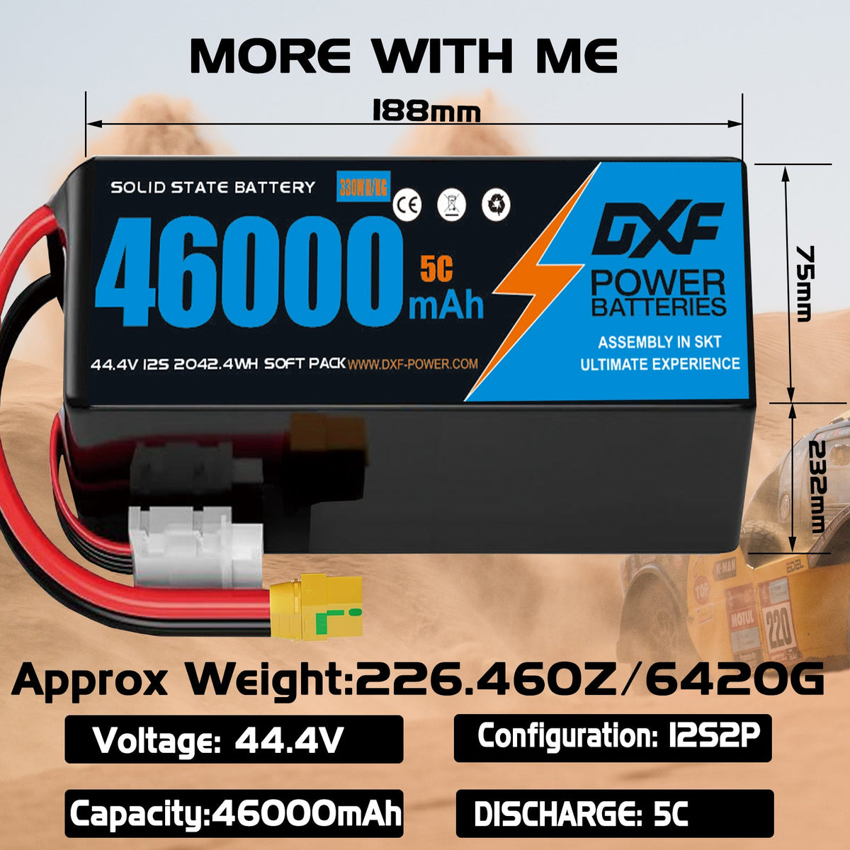 DXF SEMI-SOLID 12S 44.4V 46000mAh 5C Soft Case LiPo Battery with 8AWG Wire for Toy Cars, Boats, UAVs & Drones (1-6 Pack)