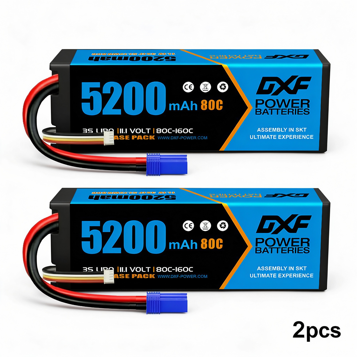 DXF 3S 11.1V 5200mAh 80C Hardcase LiPo Battery with EC5 & 10AWG Wire for Toy Cars, RC Boats, Aircraft Models & FPV Drones (1-6 Pack)