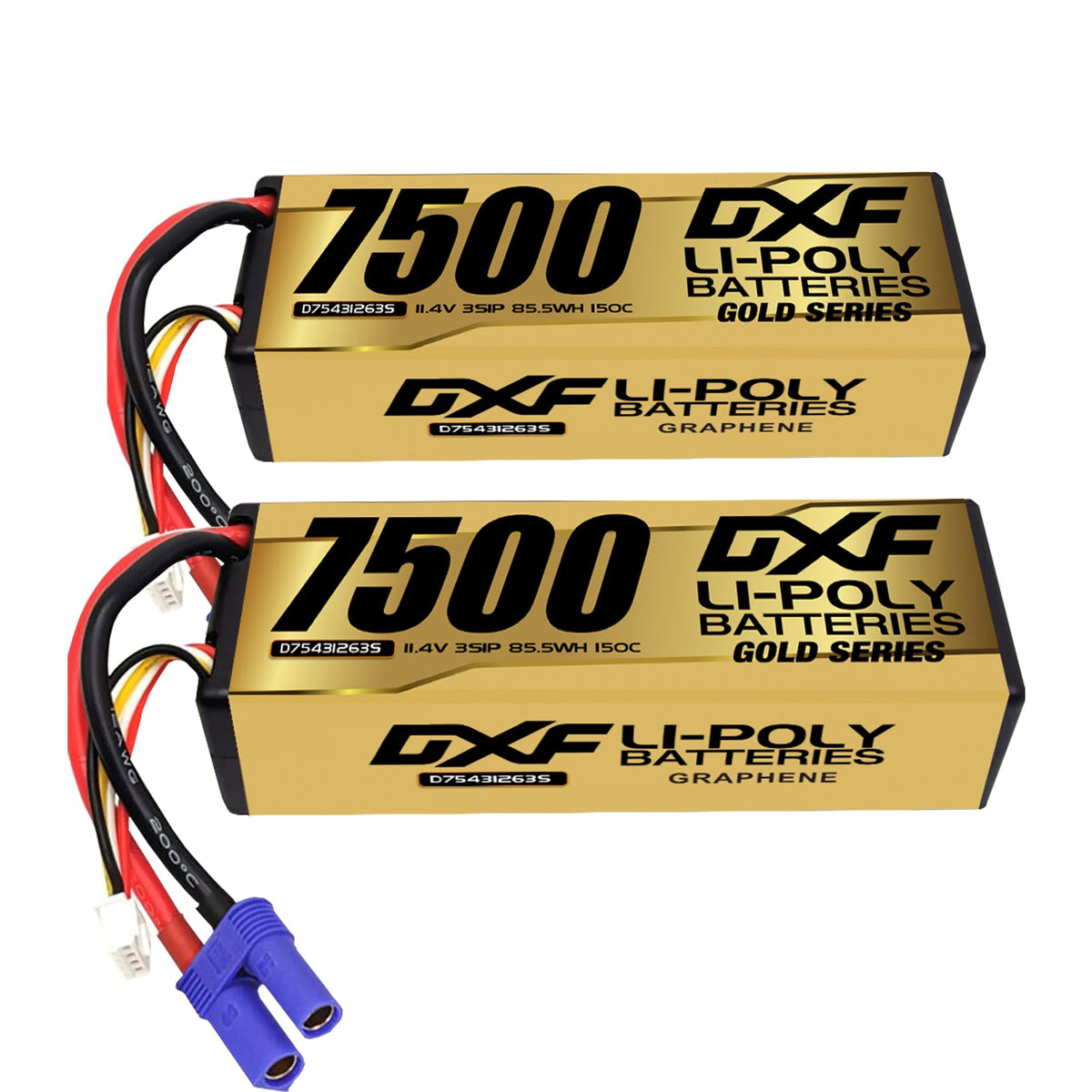 DXF LiPo Battery 3S HV 11.4V 7500mAh 150C Graphene Hardcase Gold with EC5 / T / TRX / XT60 / XT90 / XT150 / Q8s Plug for RC 1/8 1/10 Buggy Truck Car Off-Road Drone