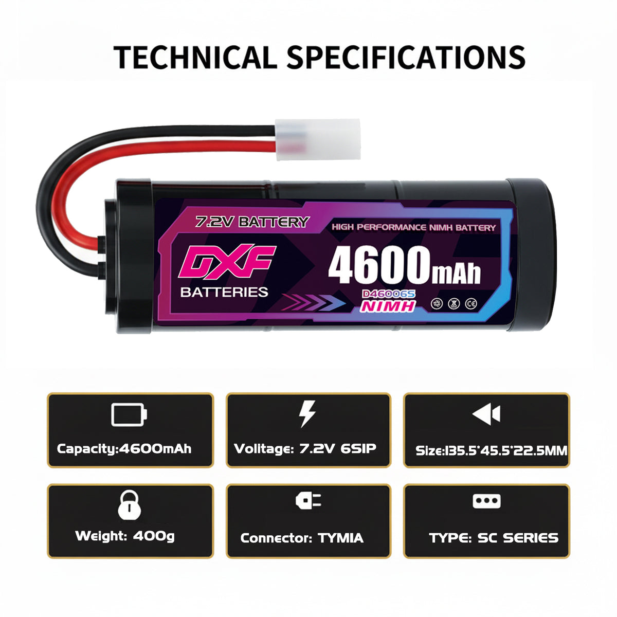 DXF NiMH SC Battery 6S 7.2V 4600mAh with Tamiya / EC3 / T-Plug / XT60 Connector for RC 1/10 Car Truck Buggy
