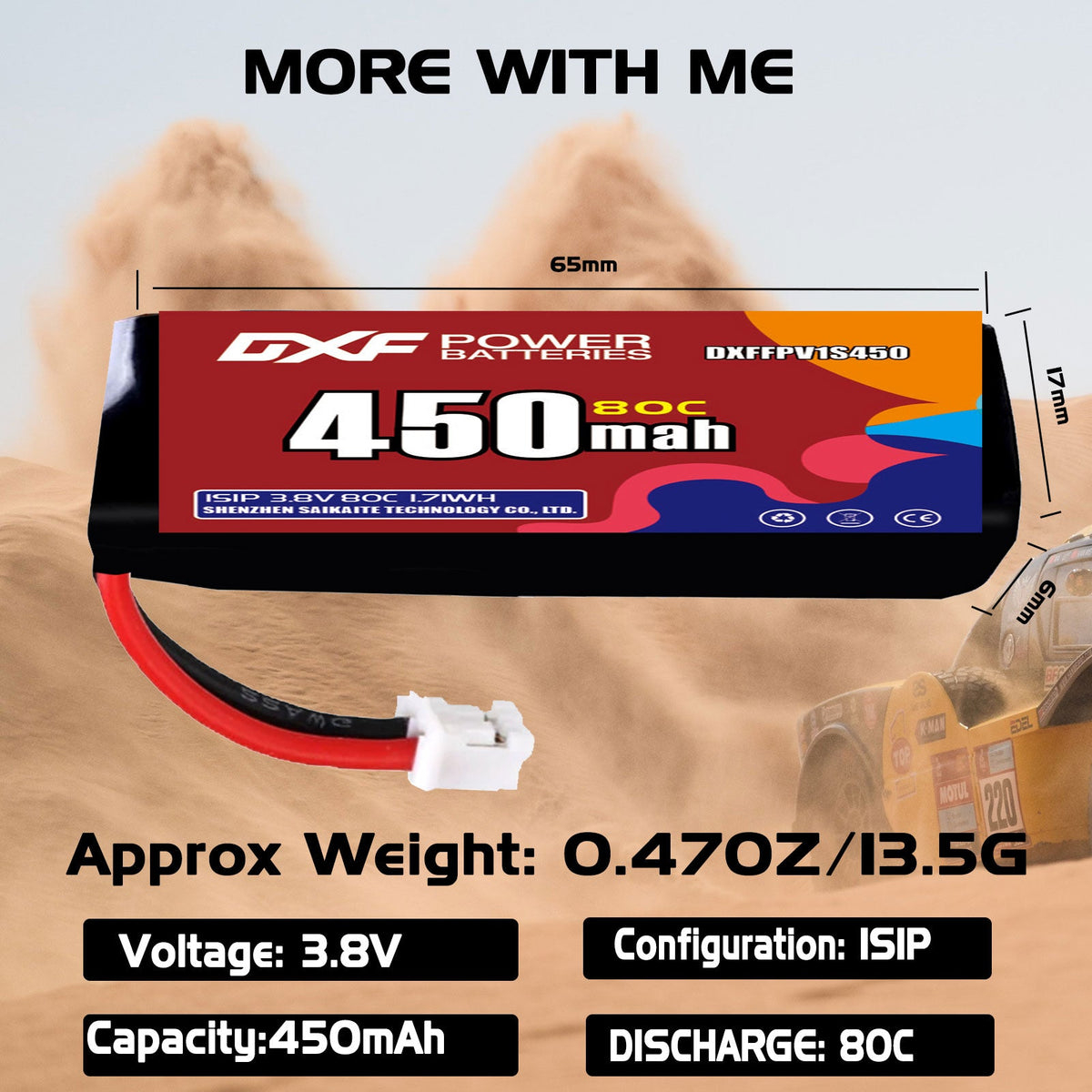 DXF LiPo Battery 1S HV 3.8V 450mAh 80C with PH2.0 / JST / XT30 / SM / XT60 / EC5 / XT90 for FPV Drone Whoop Micro Racing