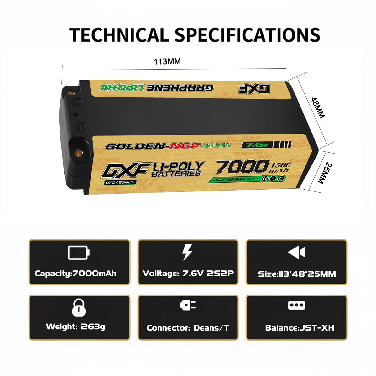 DXF LiPo Battery 2S2P HV 7.6V 7000mAh 150C Graphene NGP Plus Gold Version with 5mm Bullet / EC5 / T / TRX / XT60 / XT90 / XT150 / Q8s Plug for RC 1/10 1/8 1/5 Scale Car Racing