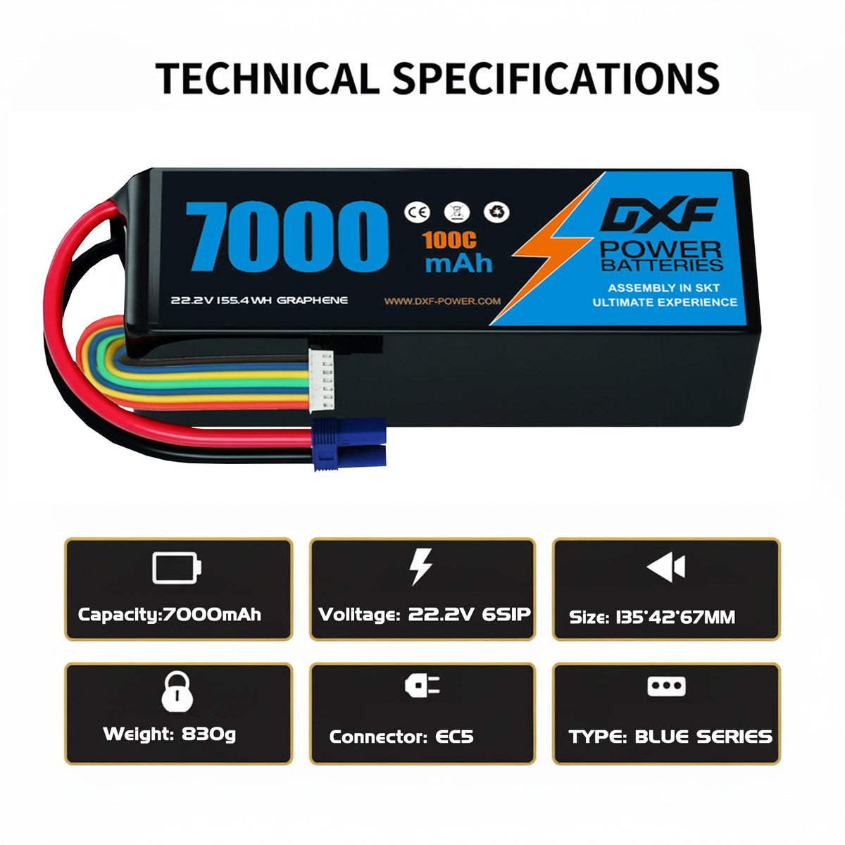 DXF 6S 22.2V 7000mAh 100C Softcase LiPo Battery with EC5 & 10AWG Wire for 1/8 RC Cars (1-6 Pack)