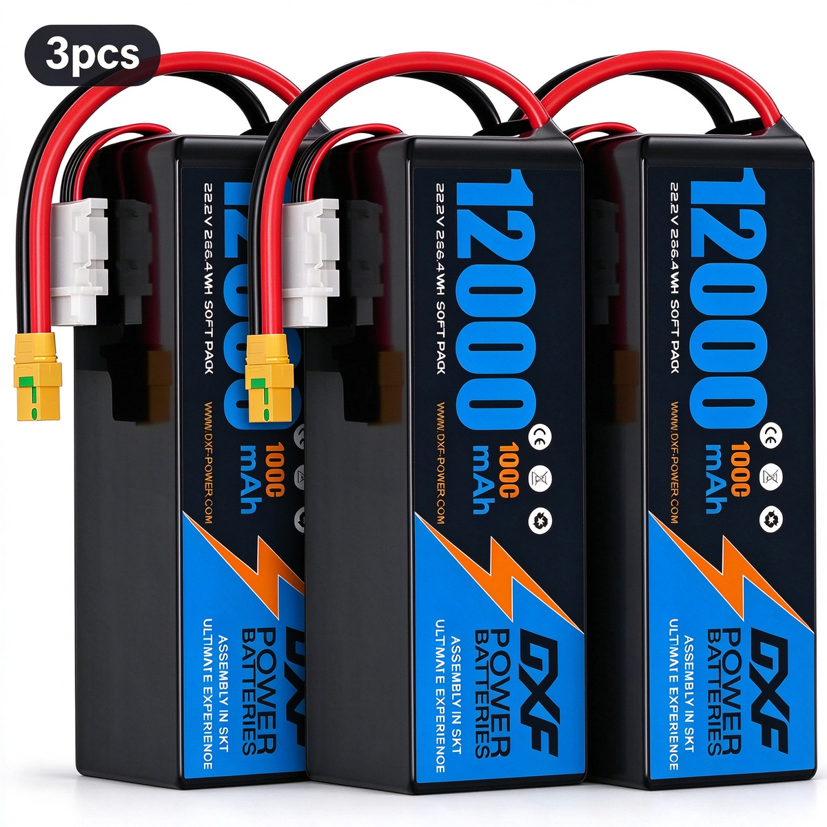 DXF 6S 22.2V 12000mAh 100C Soft Case LiPo Battery with 8AWG Wire for Toy Cars, Boats, UAVs & Drones (1-6 Pack)