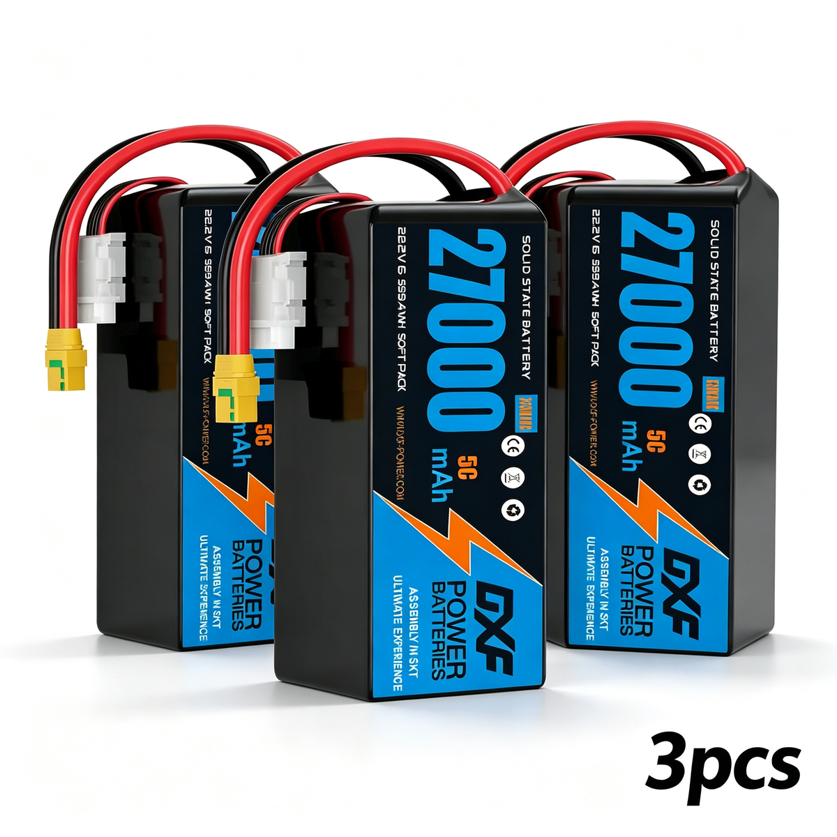 DXF 6S 22.2V 27000mAh 5C Soft Case LiPo Battery with 8AWG Wire for Toy Cars, Boats, UAVs & Drones (1-6 Pack)