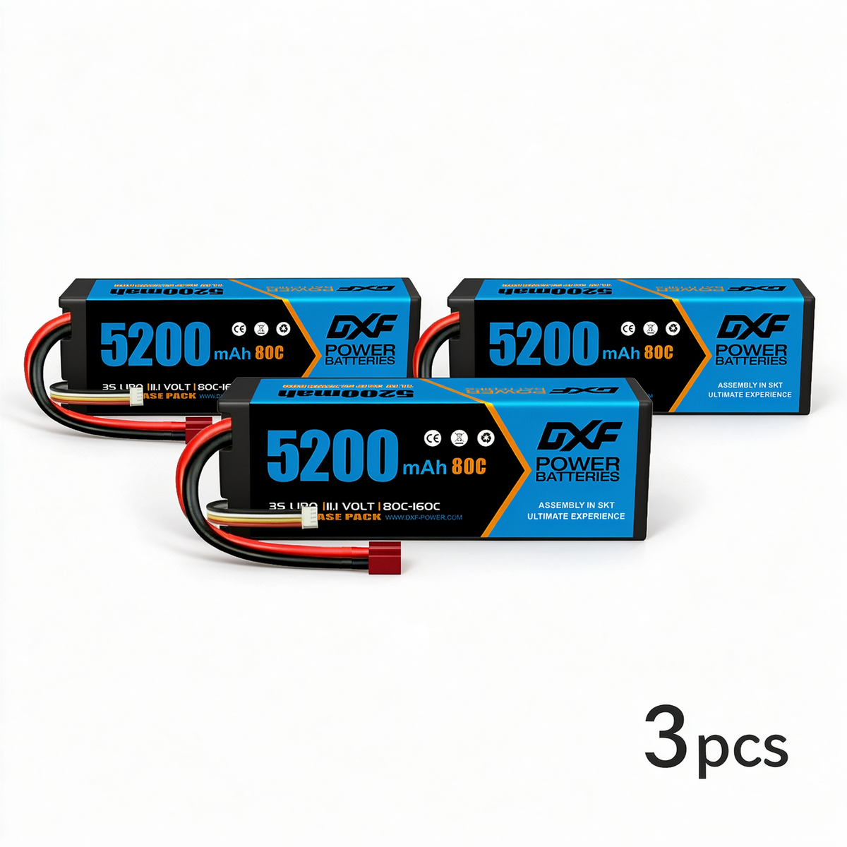 DXF BLUE Series 3S 11.1V 5200mAh 80C Hardcase LiPo with Deans/T-Plug & 10AWG Wire for Toy Cars, Boats, Aircraft & FPV Drones (1-6 Pack)