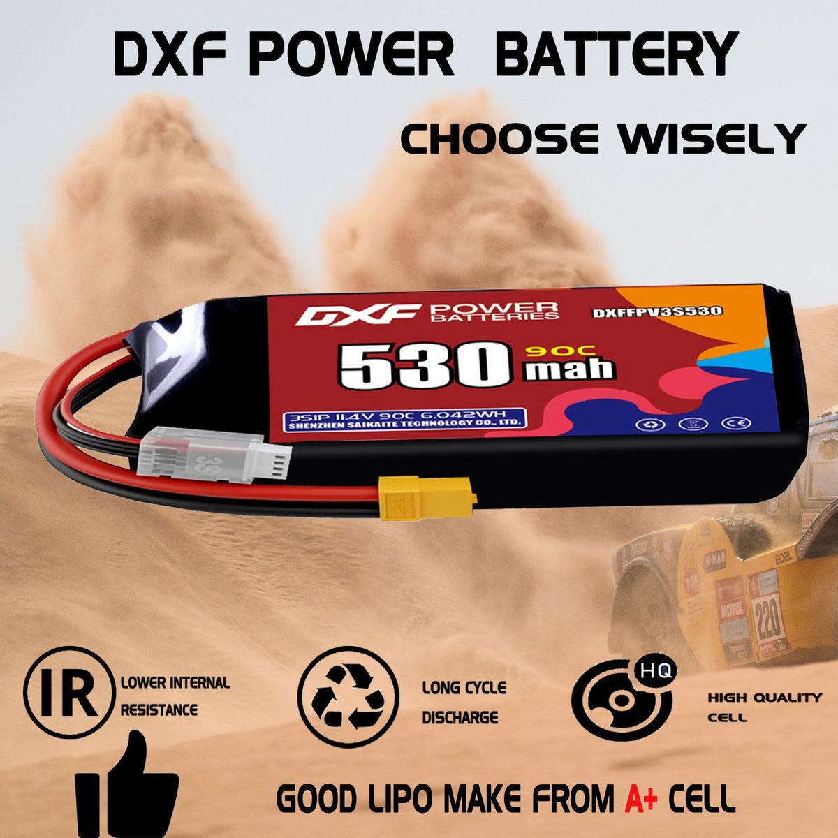DXF 3S 11.4V 530mAh 90C LiPo Battery for FPV Micro Drones (PH2.0 / JST / XT30 / SM / XT60 / EC5 / XT90 Options)