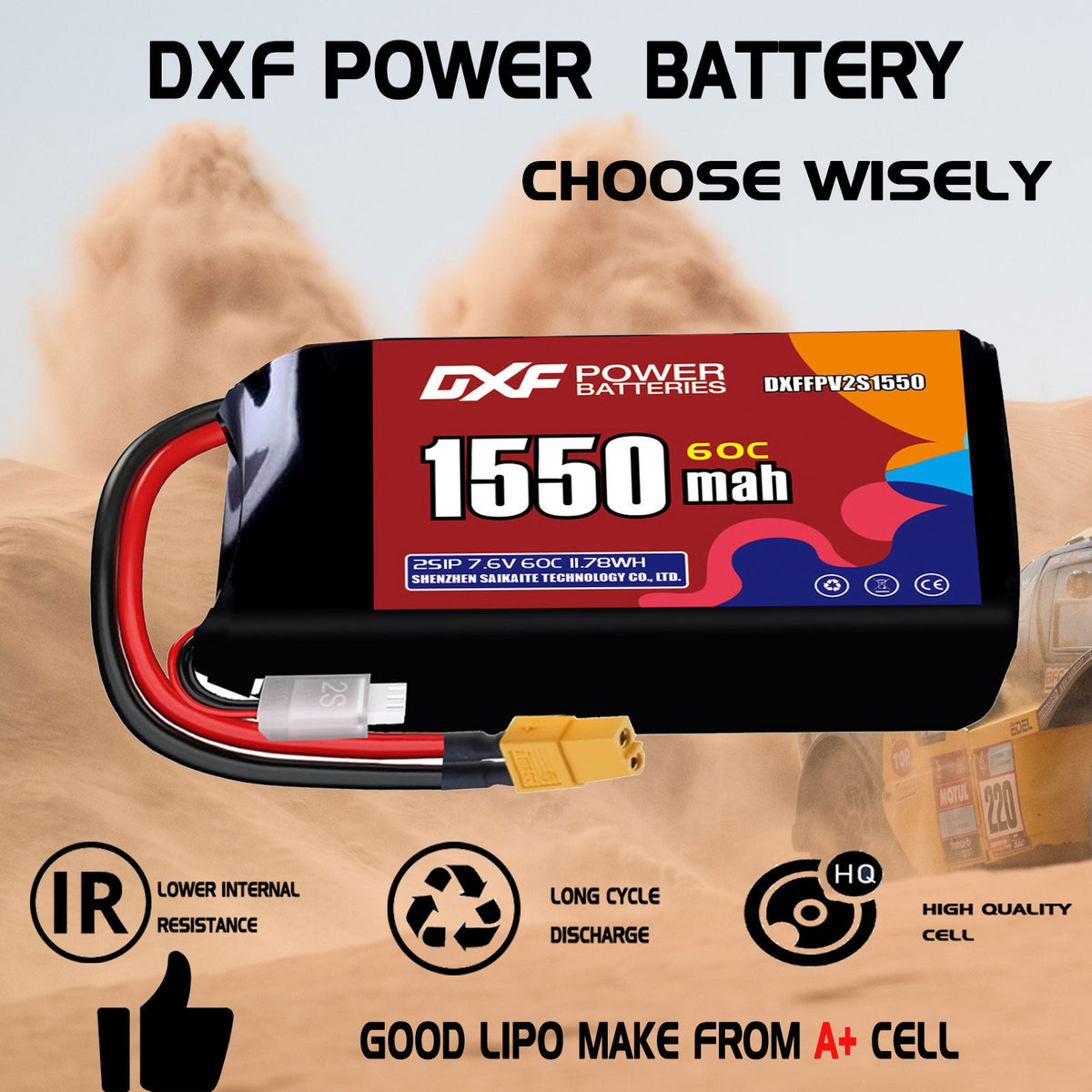 DXF LiPo Battery 2S HV 7.6V 1550mAh 60C with PH2.0 / JST / XT30 / SM / XT60 / EC5 / XT90 for FPV Drone Whoop Micro Racing