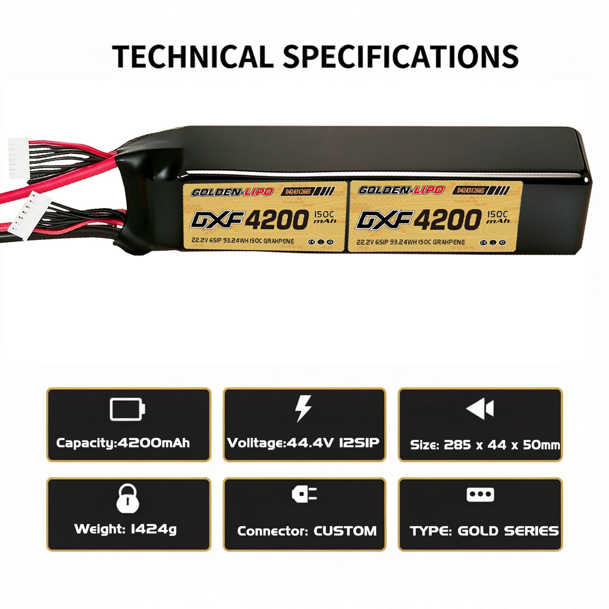 DXF Lipo Battery 12S 44.4V 4200mAh 150C GoldSeries Graphene Softcase with EC5 / T / TRX / XT60 / XT90 / XT150 / Q8s Plug for RC 1/8 1/10 Buggy Truck Car Off-Road Drone