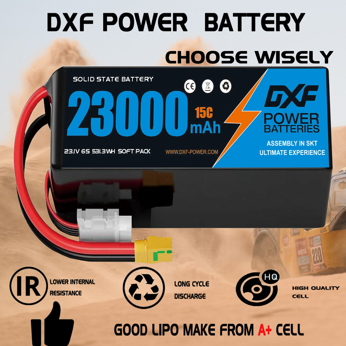 DXF 6S 23.1V 23000mAh 15C Soft Case LiPo Battery with 8AWG Wire for Toy Cars, Boats, UAVs & Drones (1-6 Pack)