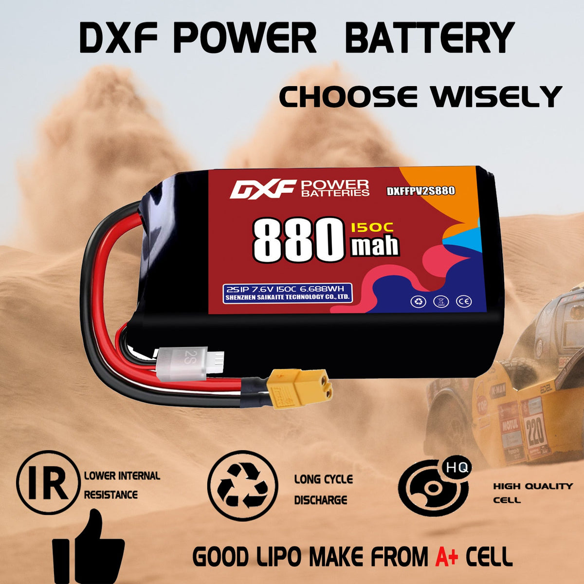 DXF 2S 7.6V 880mAh 150C LiPo Battery for FPV Micro Drones (PH2.0 / JST / XT30 / SM / XT60 / EC5 / XT90 Options)