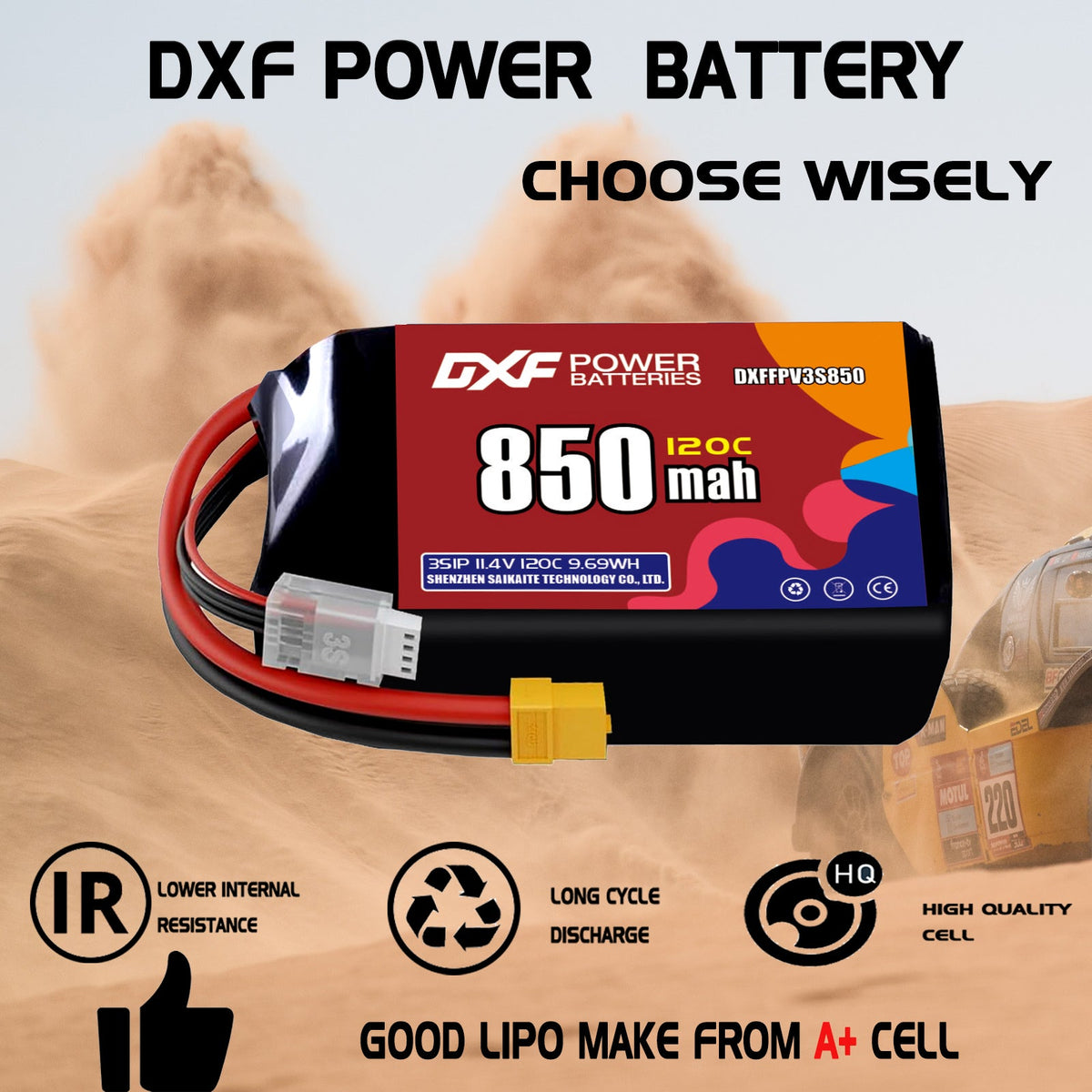 DXF 3S 11.4V 850mAh 120C LiPo Battery for FPV Micro Drones (PH2.0 / JST / XT30 / SM / XT60 / EC5 / XT90 Options)