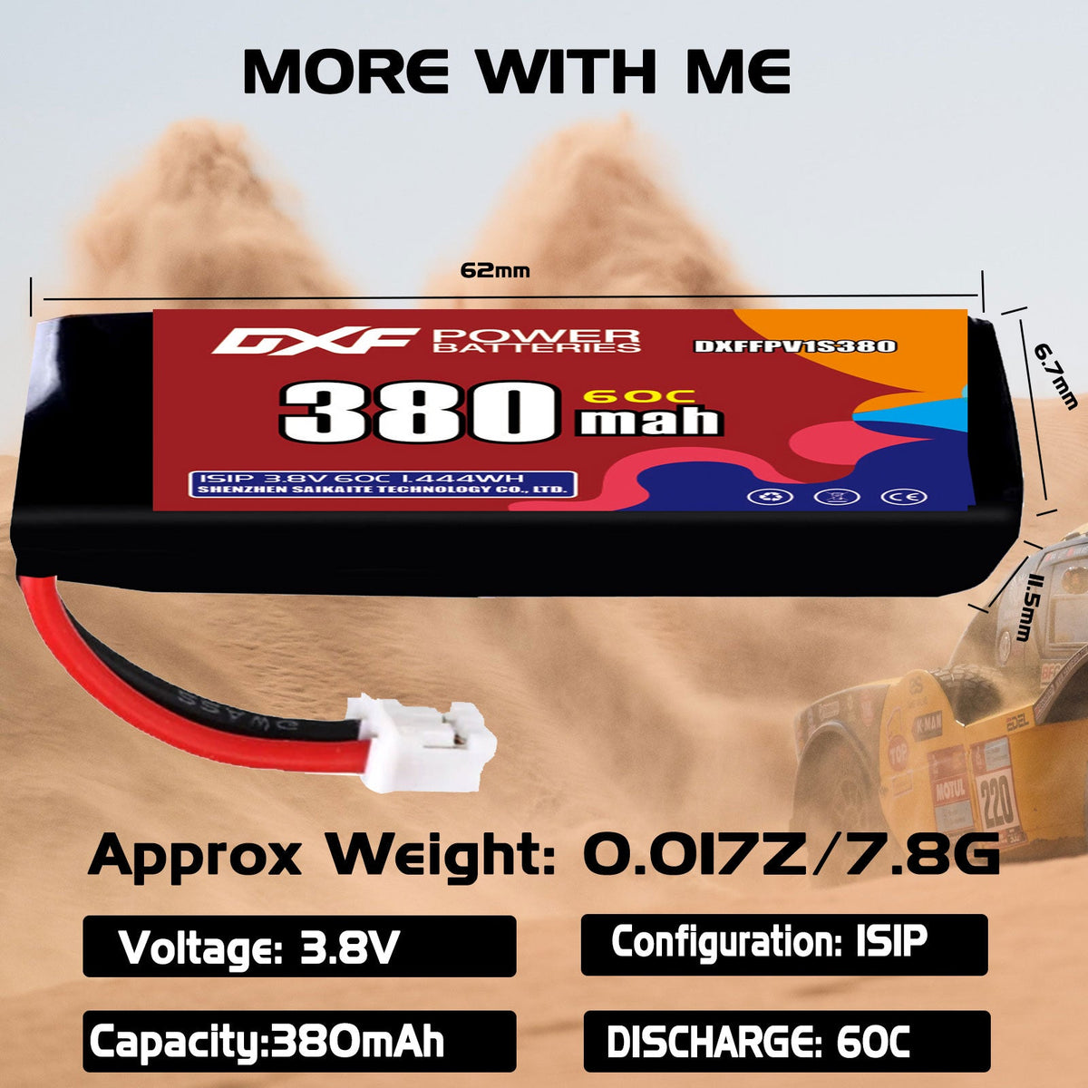 DXF LiPo Battery 1S HV 3.8V 380mAh 60C with PH2.0 / JST / XT30 / SM / XT60 / EC5 / XT90 for FPV Drone Whoop Micro Racing