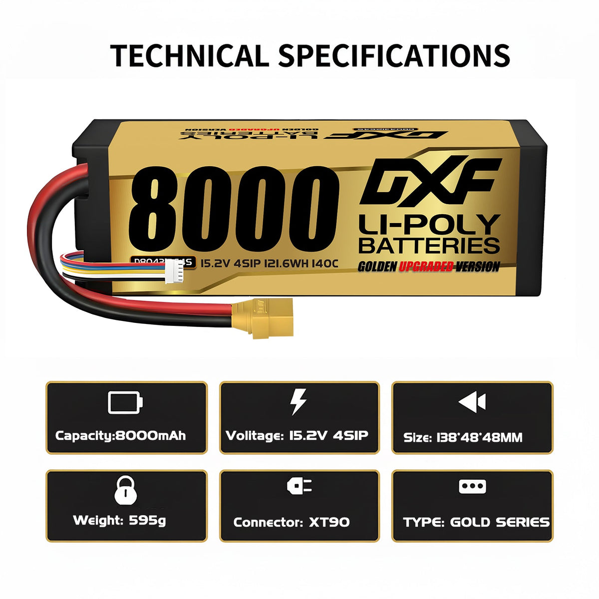DXF 4S HV 15.2V 8000mAh 140C Graphene Hardcase LiPo Battery with XT90/EC5 & 10AWG Wire (1-6 Pack)