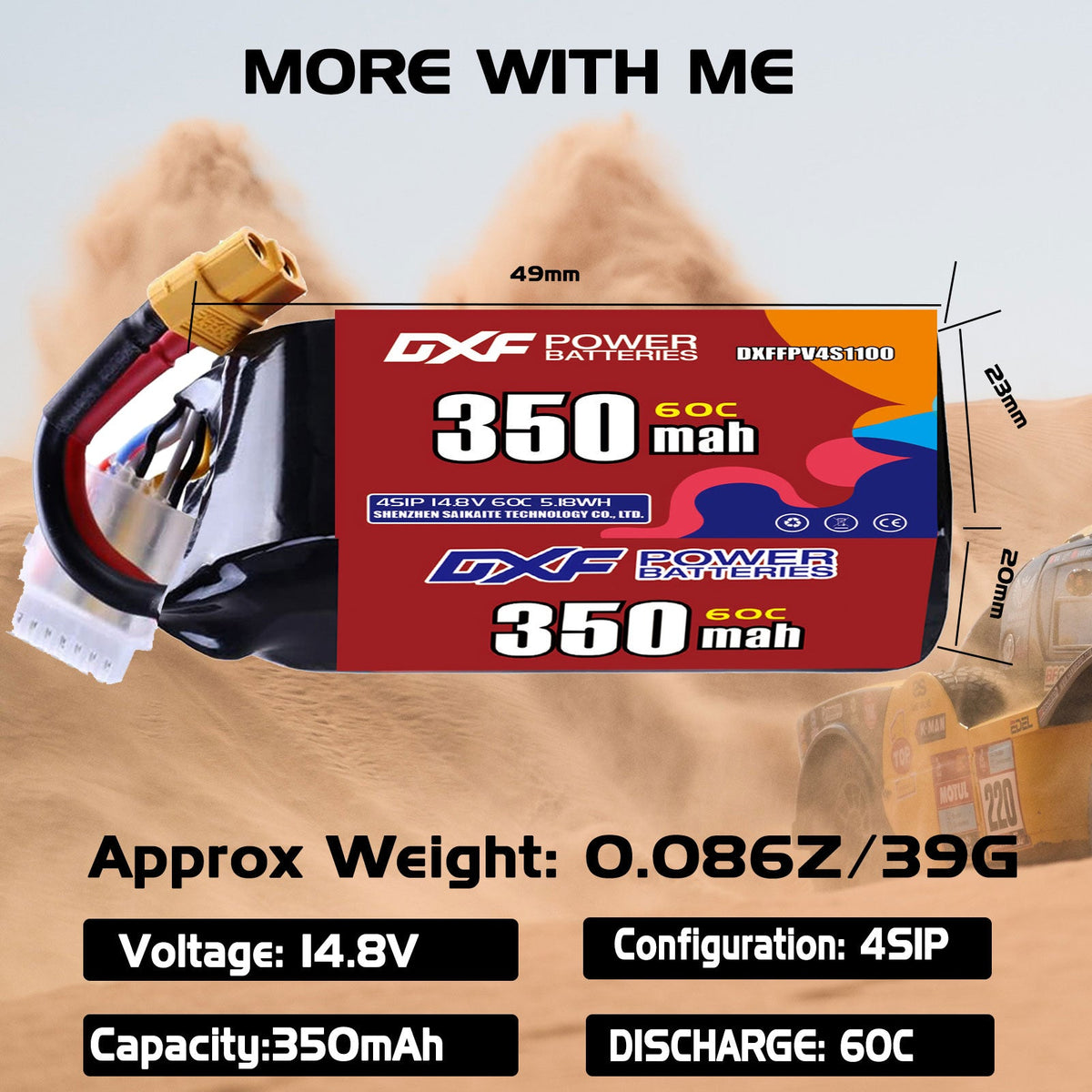 DXF LiPo Battery 4S 14.8V 350mAh 60C with PH2.0 / JST / XT30 / SM / XT60 / EC5 / XT90 for FPV Drone Whoop Micro Racing