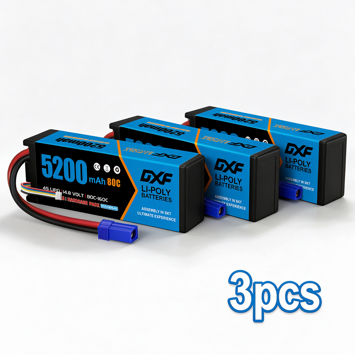 DXF 4S 14.8V 5200mAh 80C BLUE Series Graphene LiPo Hardcase Battery with 10AWG EC5 Plug for 1/8 1/10 RC Car Truck Boat Drone (1-6 Pack Available)