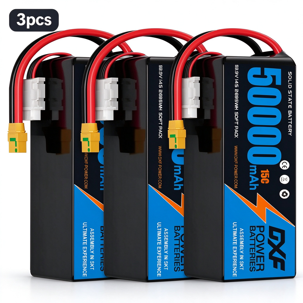 DXF SEMI-SOLID 14S 53.9V 50000mAh 15C Soft Case LiPo Battery with 8AWG Wire for Toy Cars, Boats, UAVs & Drones (1-6 Pack)