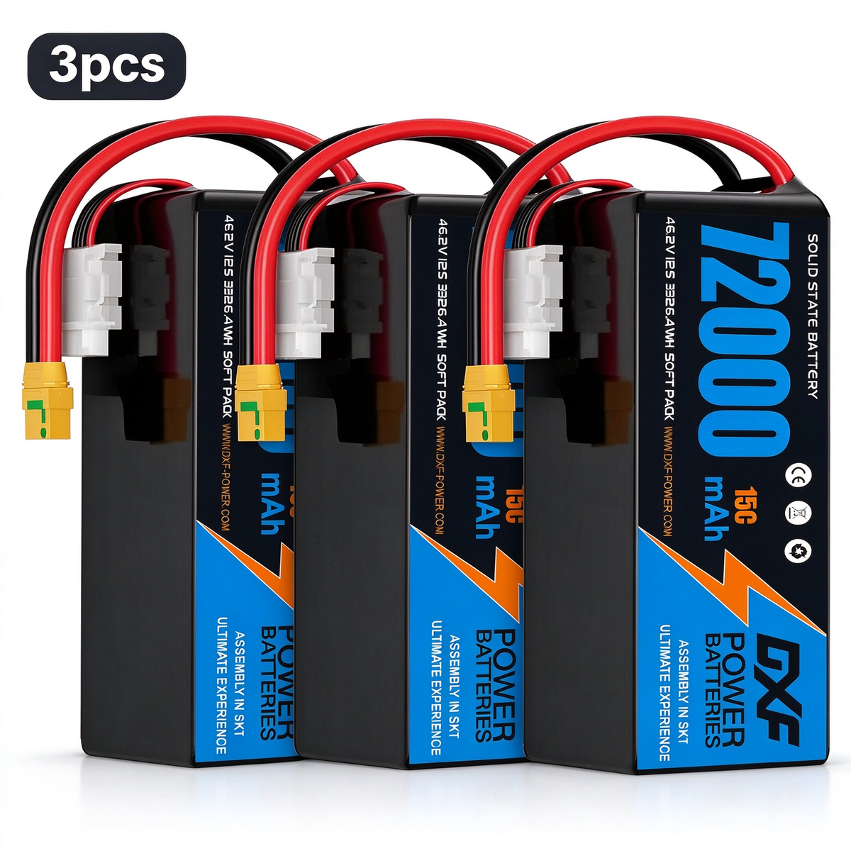 DXF SEMI-SOLID 12S 46.2V 72000mAh 15C Soft Case LiPo Battery with 8AWG Wire for Toy Cars, Boats, UAVs & Drones (1-6 Pack)