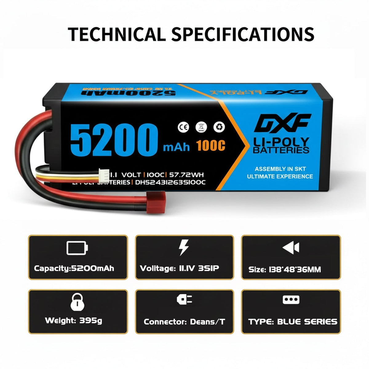 DXF 3S 11.1V 5200mAh 100C Hardcase LiPo Battery with 10AWG Deans for 1/8 1/10 RC Cars, Trucks, Buggies (2 Pack Available)