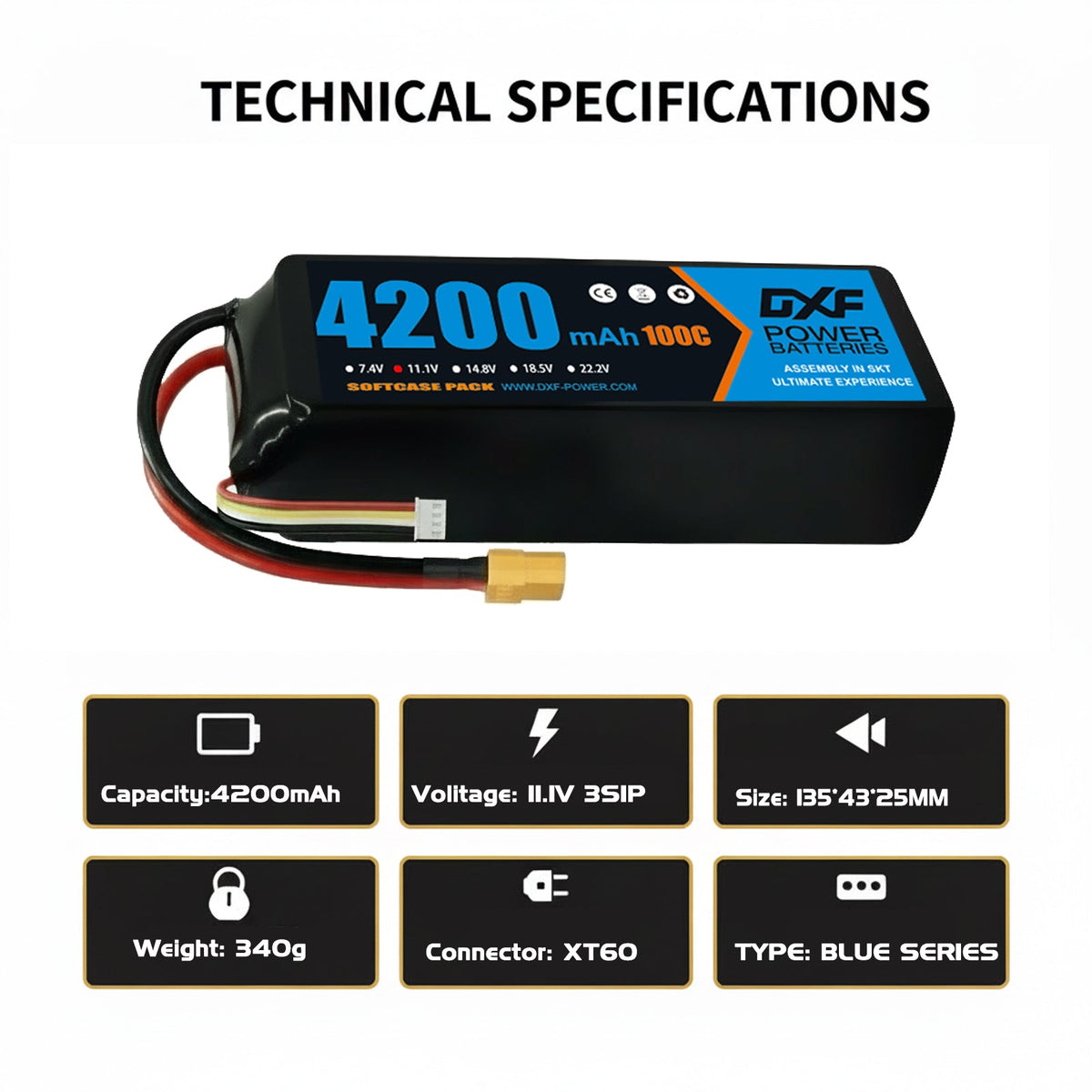 DXF Lipo Battery 3S 11.1V 4200mAh 100C GoldSeries Graphene Softcase with EC5 / T / TRX / XT60 / XT90 / XT150 / Q8s Plug for RC 1/8 1/10 Buggy Truck Car Off-Road Drone