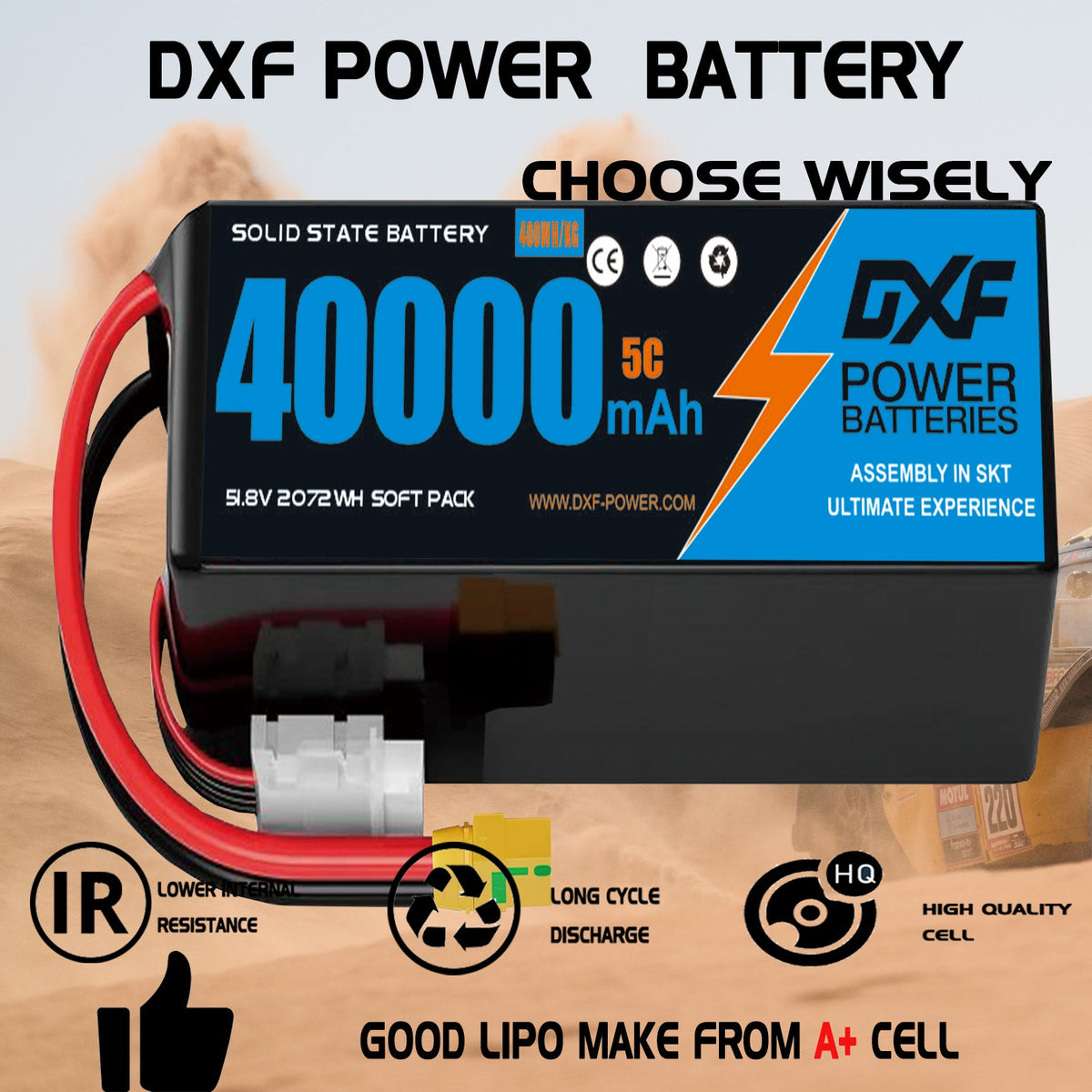 DXF SEMI-SOLID 14S 51.8V 40000mAh 5C Soft Case LiPo Battery with 8AWG Wire for Toy Cars, Boats, UAVs & Drones (1-6 Pack)