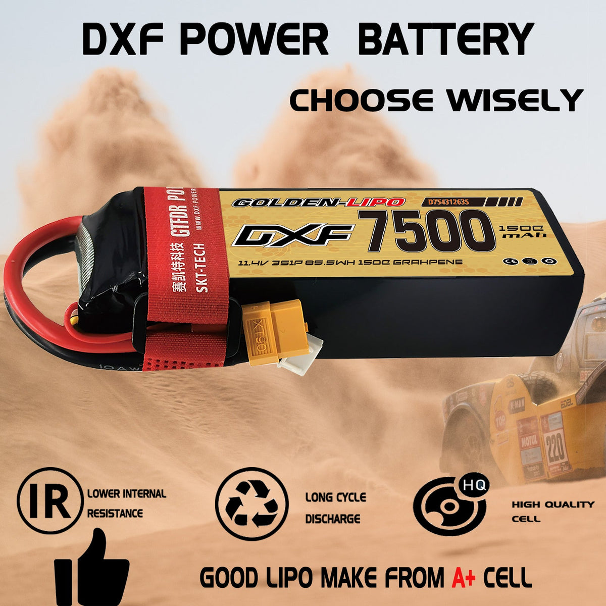 DXF Lipo Battery 3S HV 11.4V 7500mAh 150C GoldSeries Graphene Softcase with EC5 / T / TRX / XT60 / XT90 / XT150 / Q8s Plug for RC 1/8 1/10 Buggy Truck Car Off-Road Drone