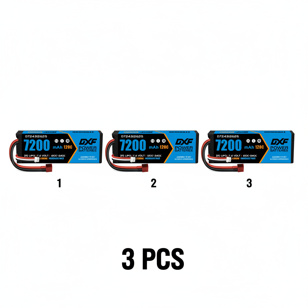 DXF 2S 7.4V 7200mAh 120C Hardcase LiPo Battery with 10AWG Deans for 1/10 1/8 RC Cars, Trucks, Buggies (2 & 4 Pack Available)