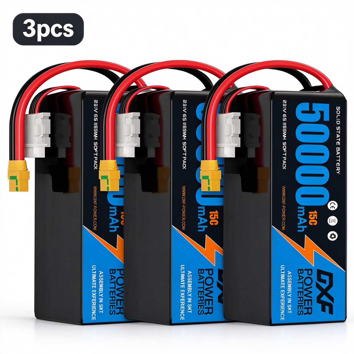 DXF 6S 23.1V 50000mAh 15C Soft Case LiPo Battery with 8AWG Wire for Toy Cars, Boats, UAVs & Drones (1-6 Pack)