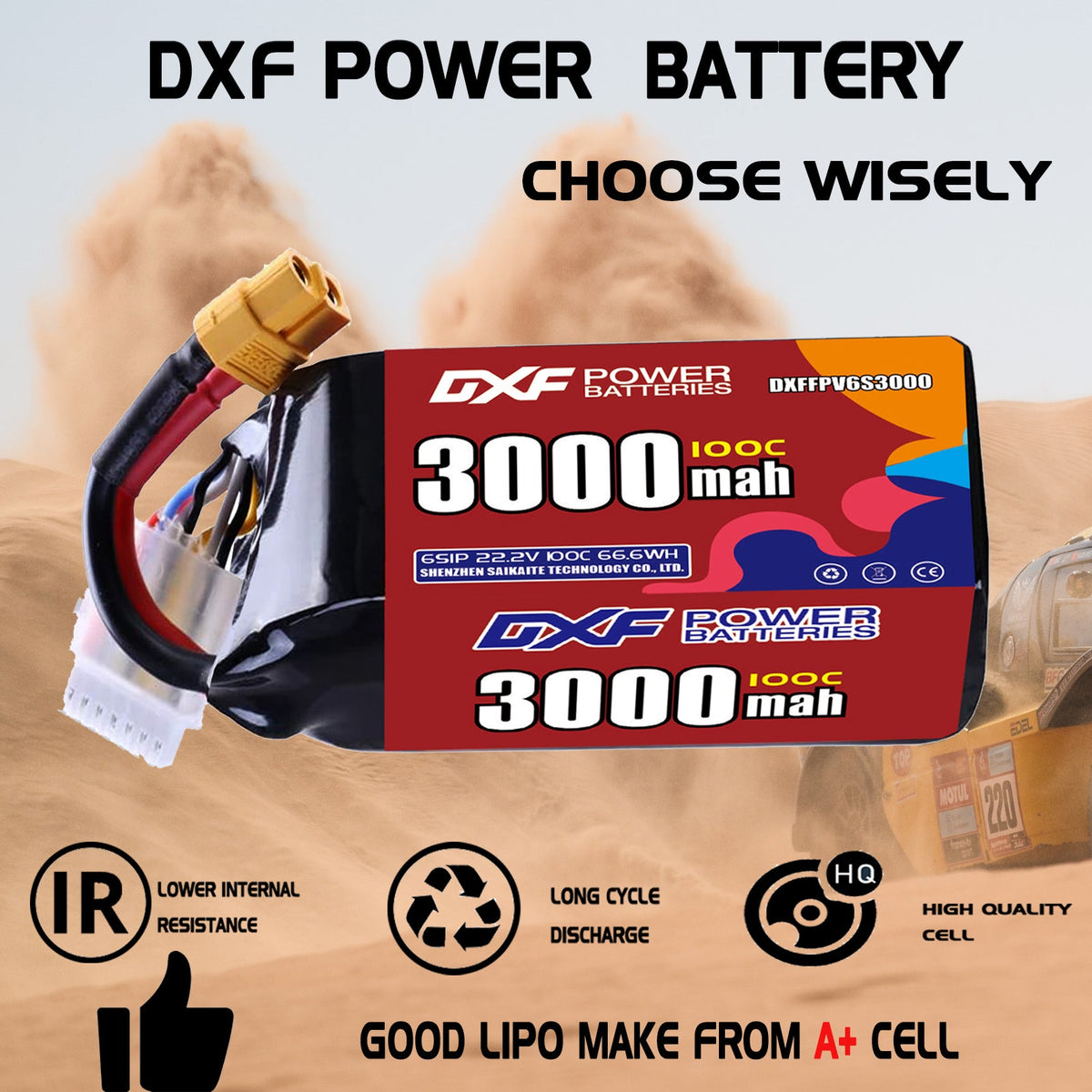 DXF 6S 22.2V 3000mAh 100C LiPo Battery for FPV Micro Drones (PH2.0 / JST / XT30 / SM / XT60 / EC5 / XT90 Options)