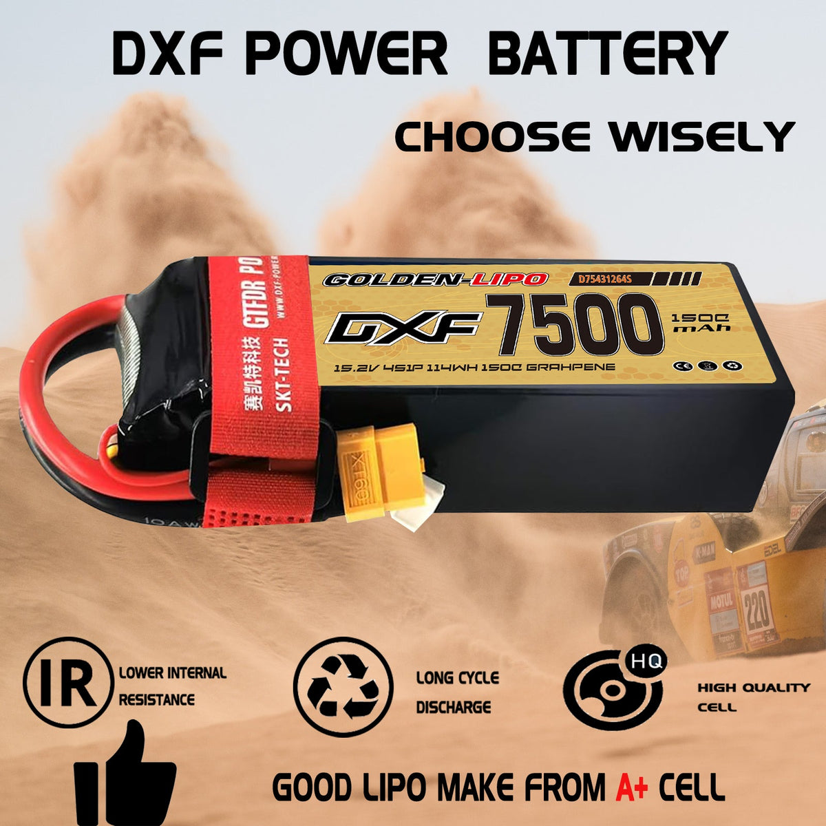 DXF Lipo Battery 4S HV 15.2V 7500mAh 150C GoldSeries Graphene Softcase with EC5 / T / TRX / XT60 / XT90 / XT150 / Q8s Plug for RC 1/8 1/10 Buggy Truck Car Off-Road Drone