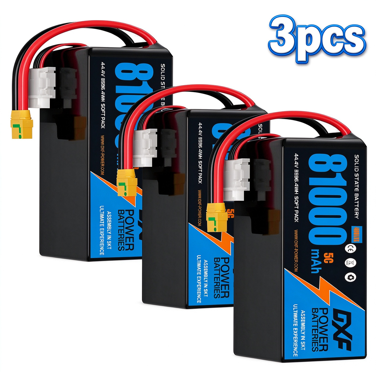 DXF 12S 44.4V 81000mAh 5C Soft Case LiPo Battery with 8AWG Wire for Toy Cars, Boats, UAVs & Drones (1-6 Pack)
