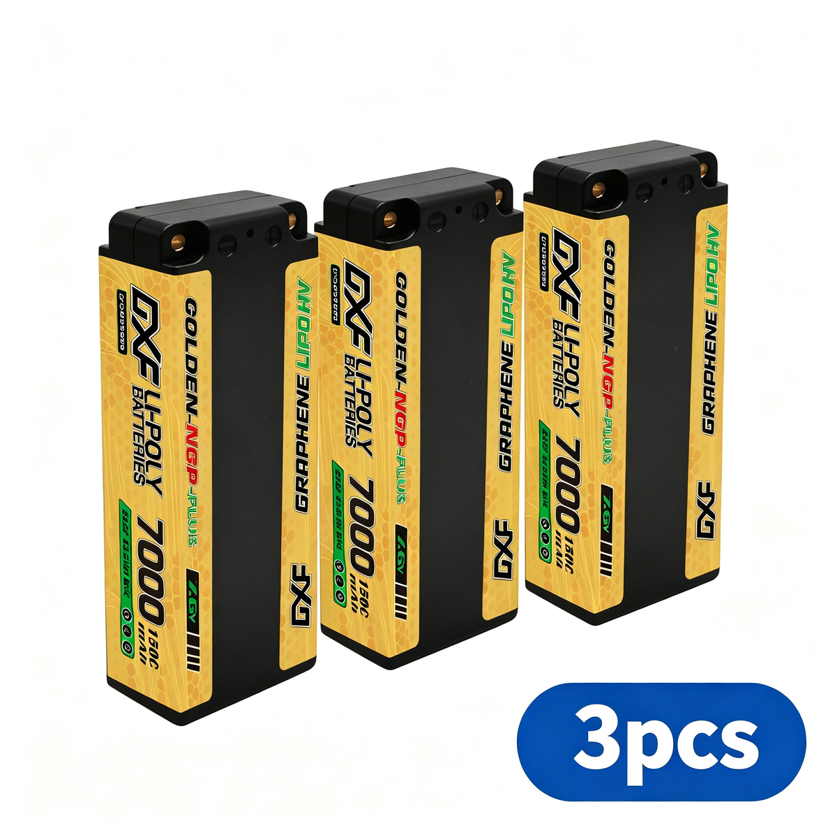 DXF 2S HV 7.6V 7000mAh 150C GOLDEN NGP PLUS Middle-Size Graphene LiPo Hardcase Battery with 12AWG 5mm Bullet to Deans Plug for 1/8 1/10 RC Car Truck Boat Drone (1-6 Pack Available)