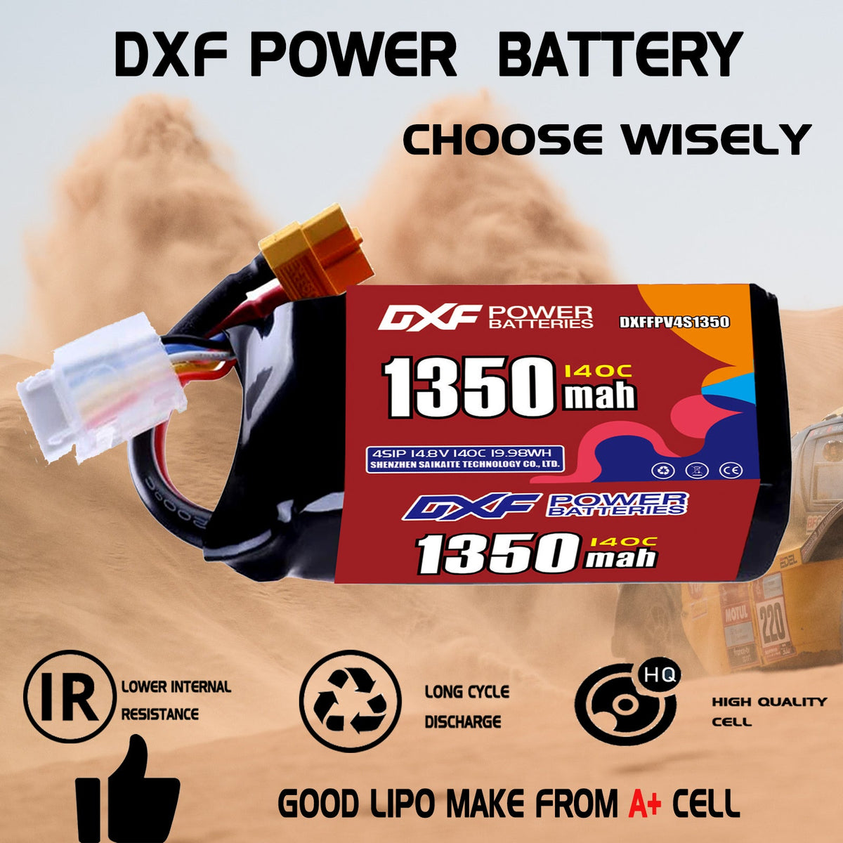 DXF 4S 14.8V 1350mAh 140C LiPo Battery for FPV Micro Drones (PH2.0 / JST / XT30 / SM / XT60 / EC5 / XT90 Options)