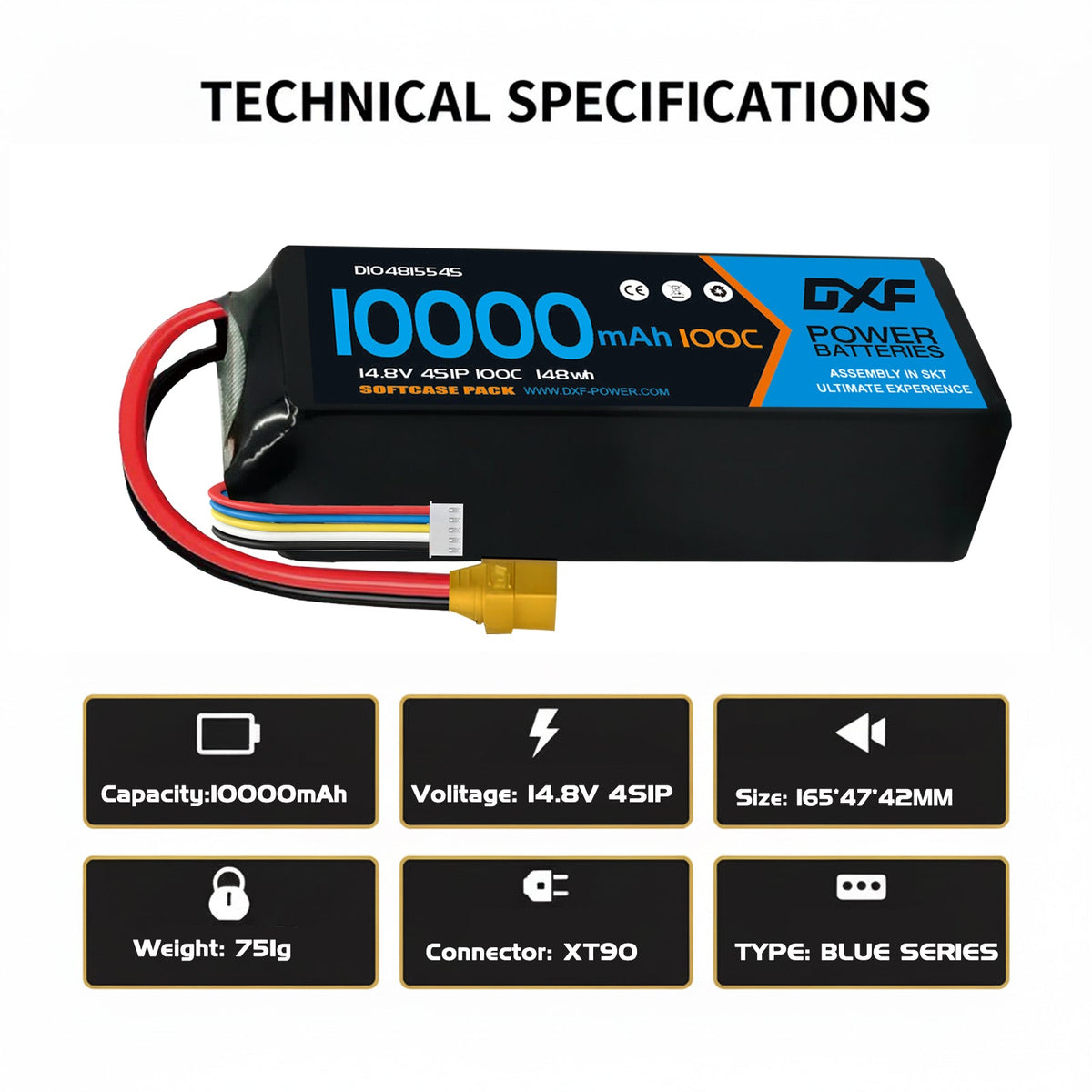 DXF LiPo Battery 4S 14.8V 10000mAh 100C Graphene Softcase with EC5 / T / TRX / XT60 / XT90 / XT150 / Q8s Plug for RC 1/8 1/10 Buggy Truck Car Off-Road Drone