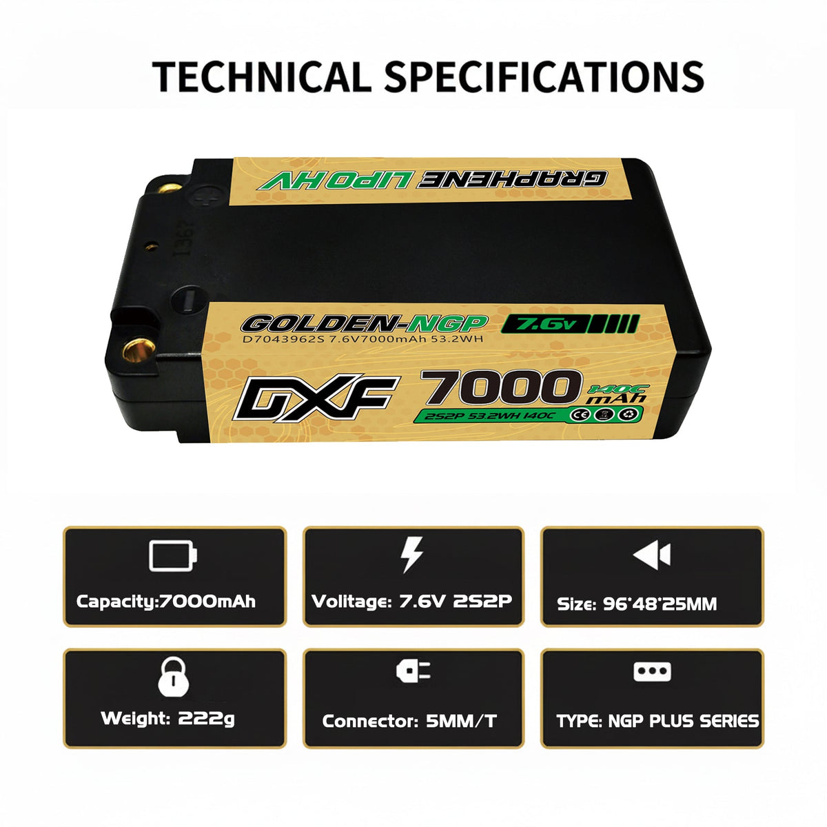 DXF LiPo Battery 2S2P HV 7.6V 7000mAh 140C Graphene NGP Plus Gold Version with 5mm Bullet / EC5 / T / TRX / XT60 / XT90 / XT150 / Q8s Plug for RC 1/10 1/8 Scale Car Racing