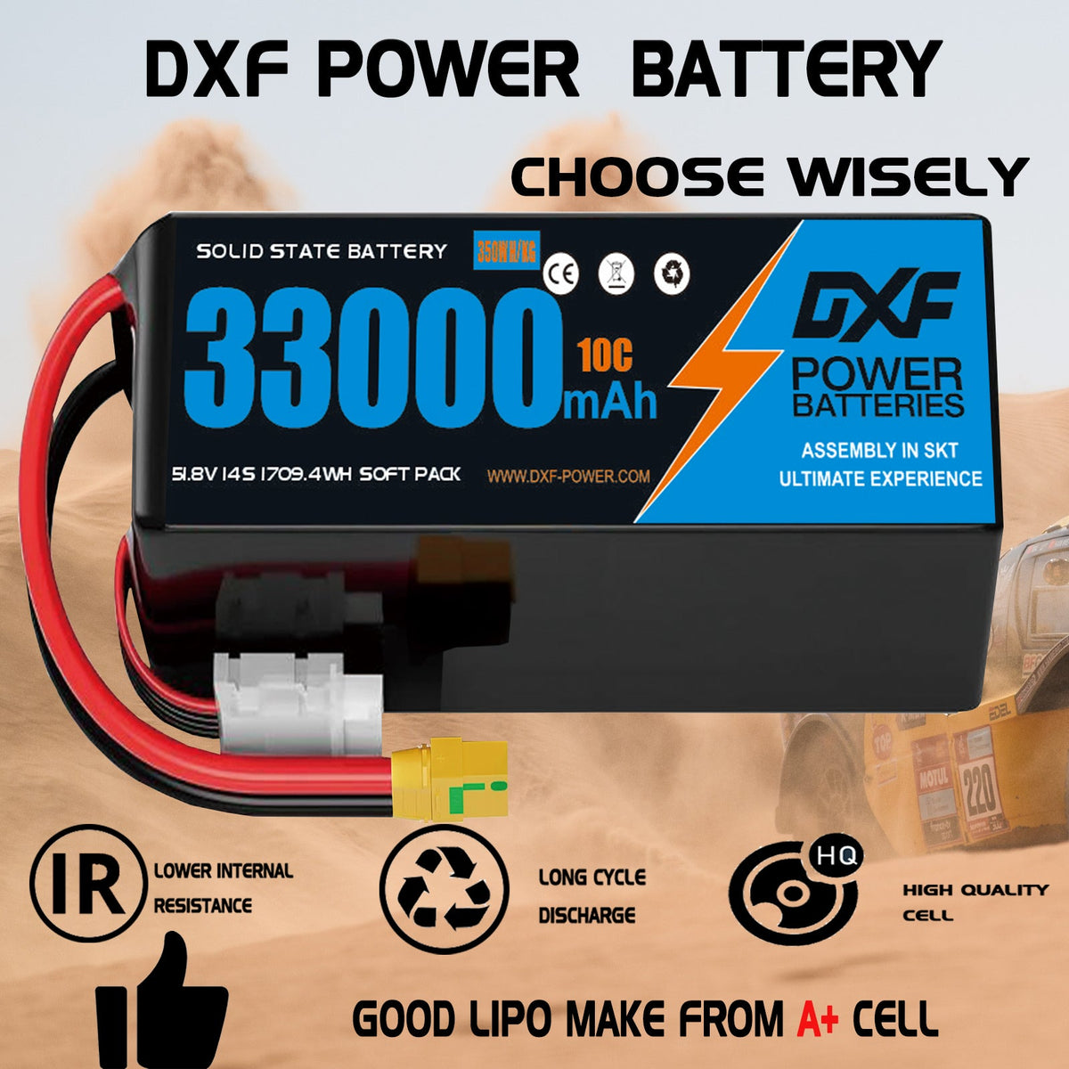 DXF SEMI-SOLID 14S 51.8V 33000mAh 10C Soft Case LiPo Battery with 8AWG Wire for Toy Cars, Boats, UAVs & Drones (1-6 Pack)