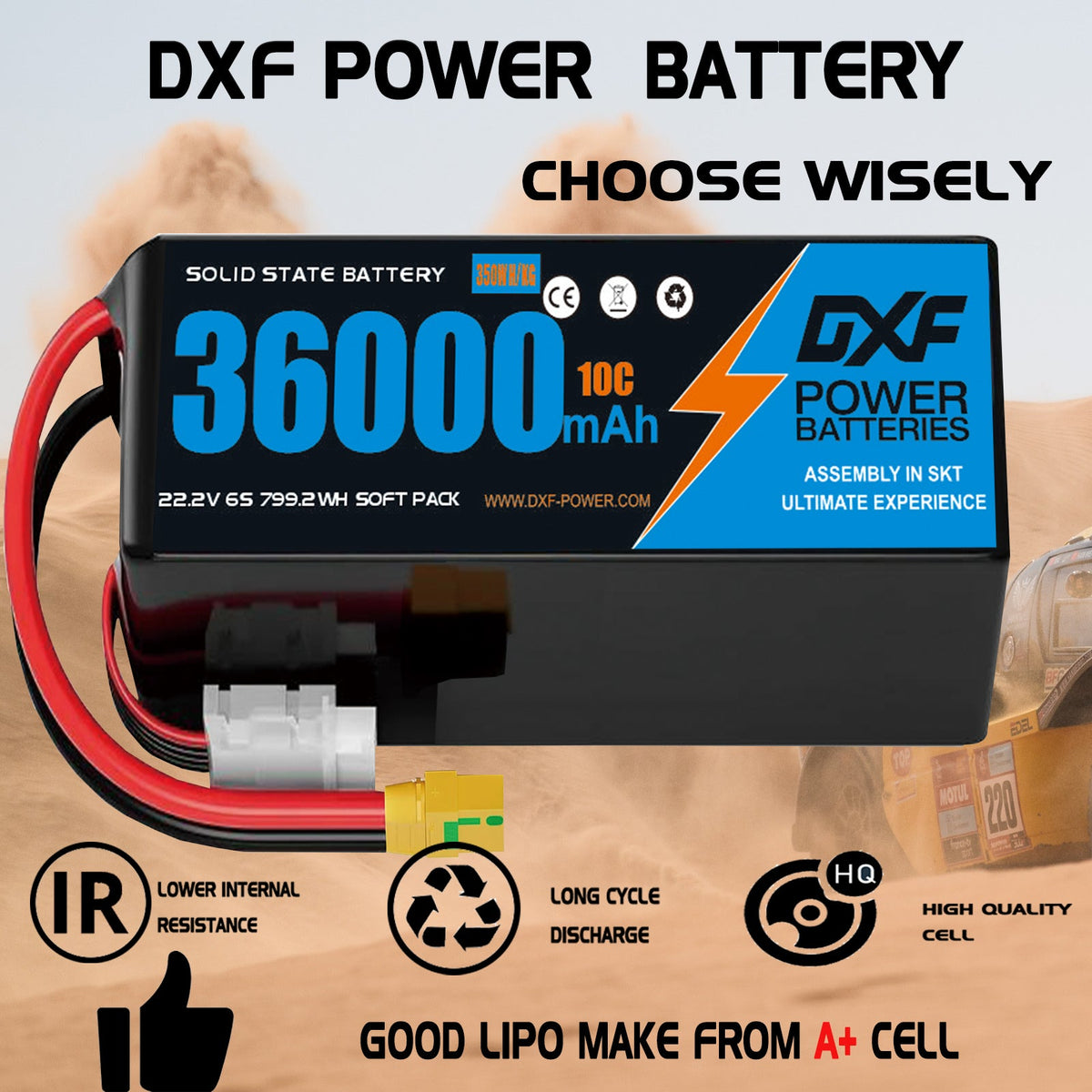 DXF SEMI-SOLID 6S 22.2V 36000mAh 10C Soft Case LiPo Battery with 8AWG Wire for Toy Cars, Boats, UAVs & Drones (1-6 Pack)