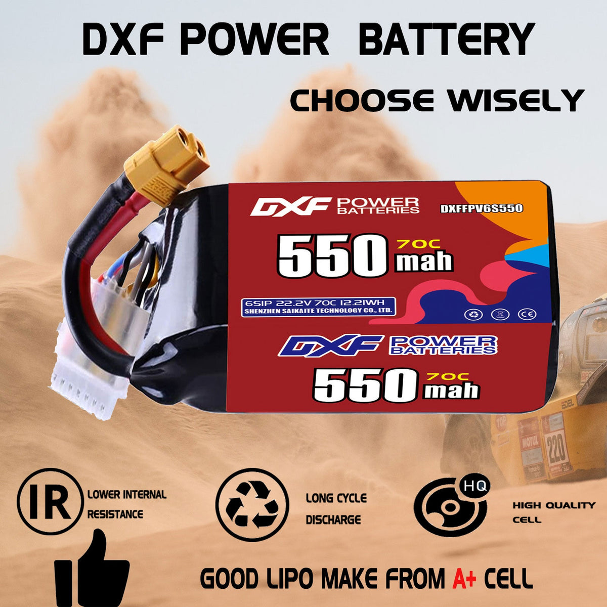 DXF LiPo Battery 6S 22.2V 550mAh 70C with PH2.0 / JST / XT30 / SM / XT60 / EC5 / XT90 for FPV Drone Whoop Micro Racing