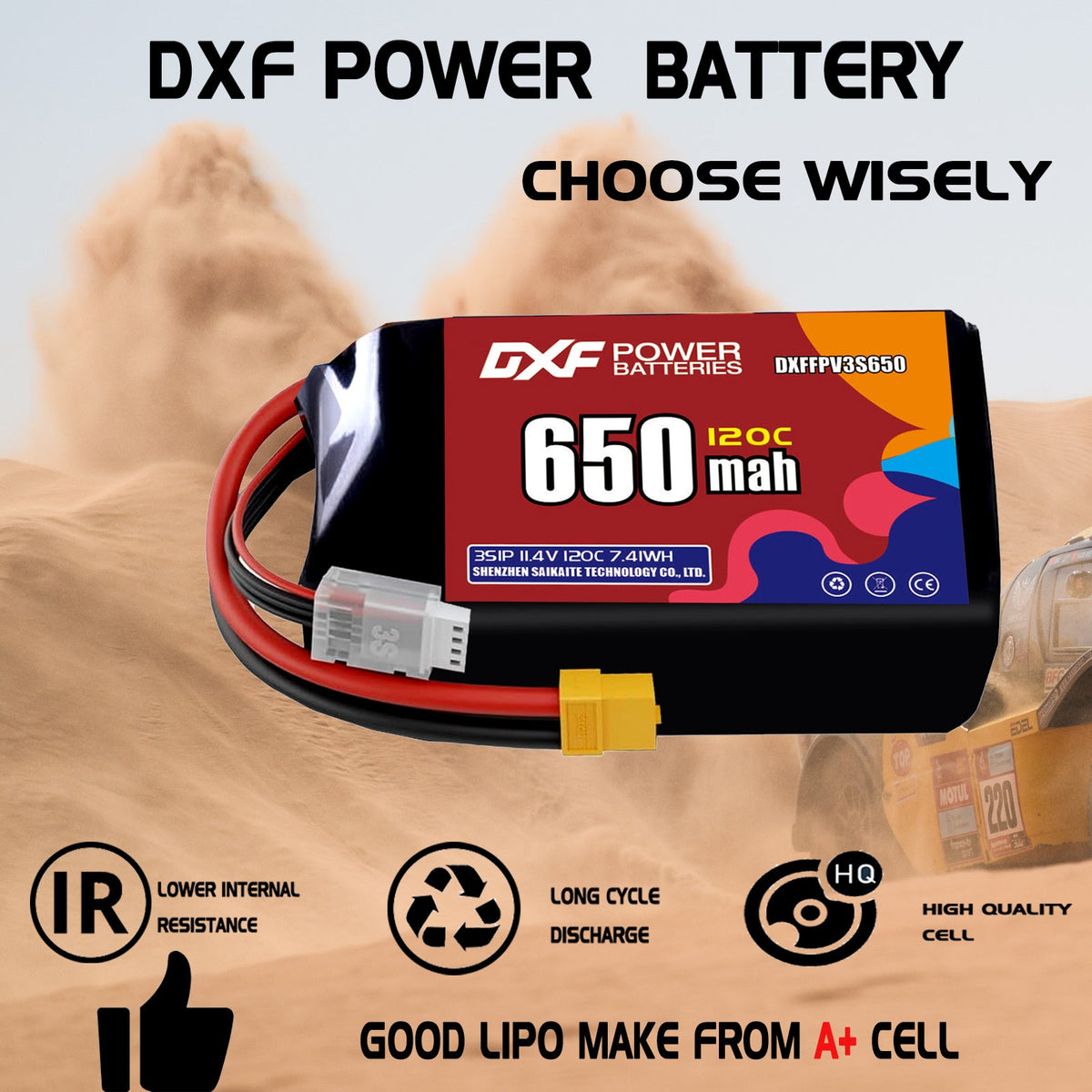 DXF 3S 11.4V 650mAh 120C LiPo Battery for FPV Micro Drones (PH2.0 / JST / XT30 / SM / XT60 / EC5 / XT90 Options)